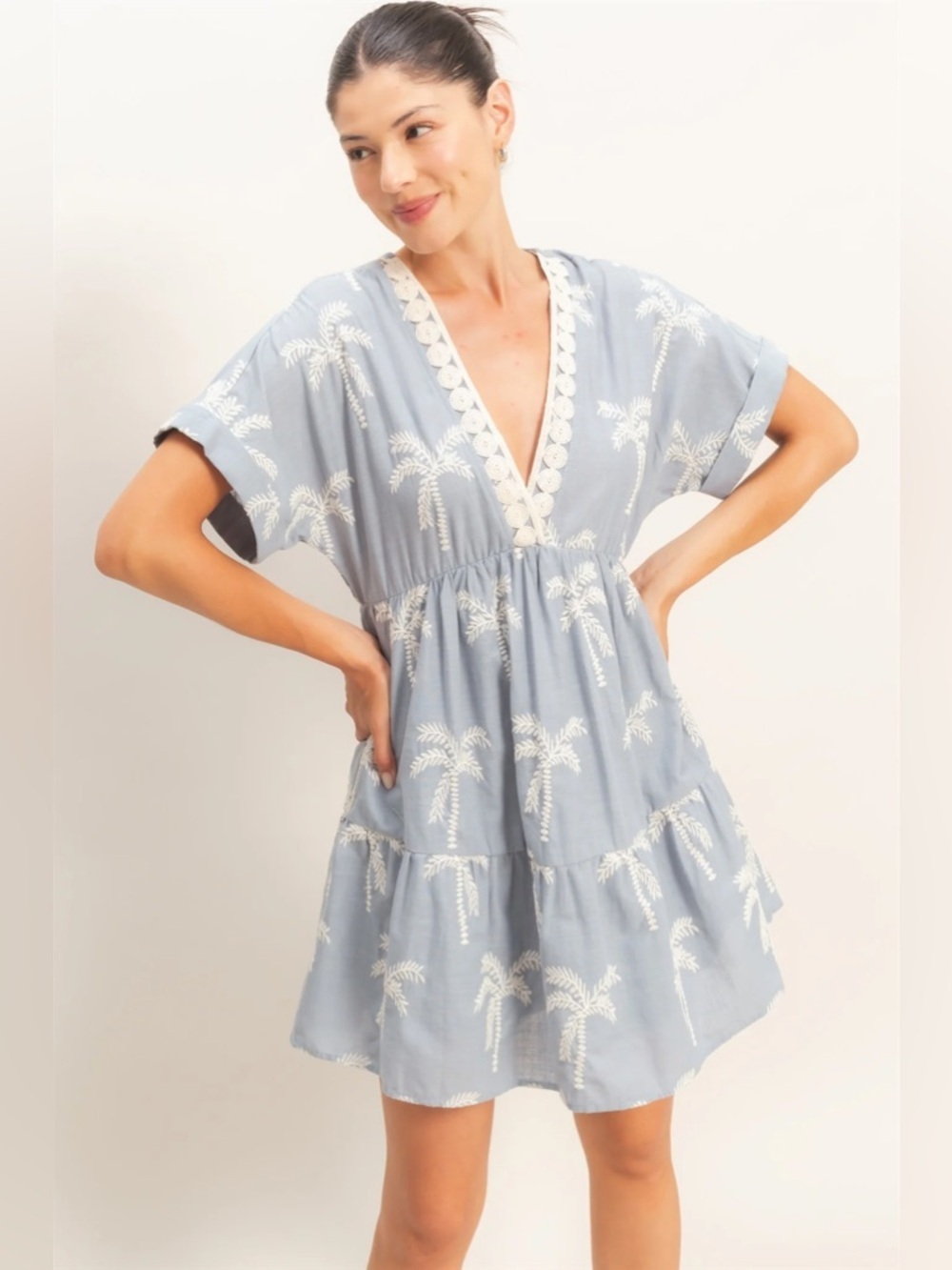 NEW HYFVE Blue Palm Print Tiered V-Neck Mini Dress Size Large Cotton Lace Trim